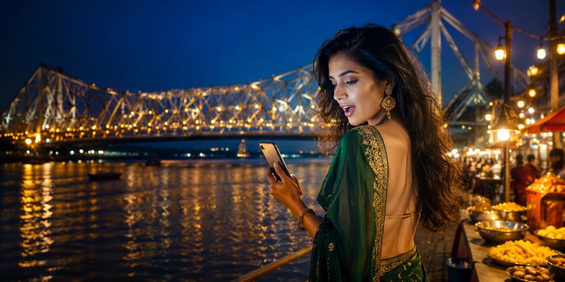 Indian woman enjoying mobile casino gaming at twilight