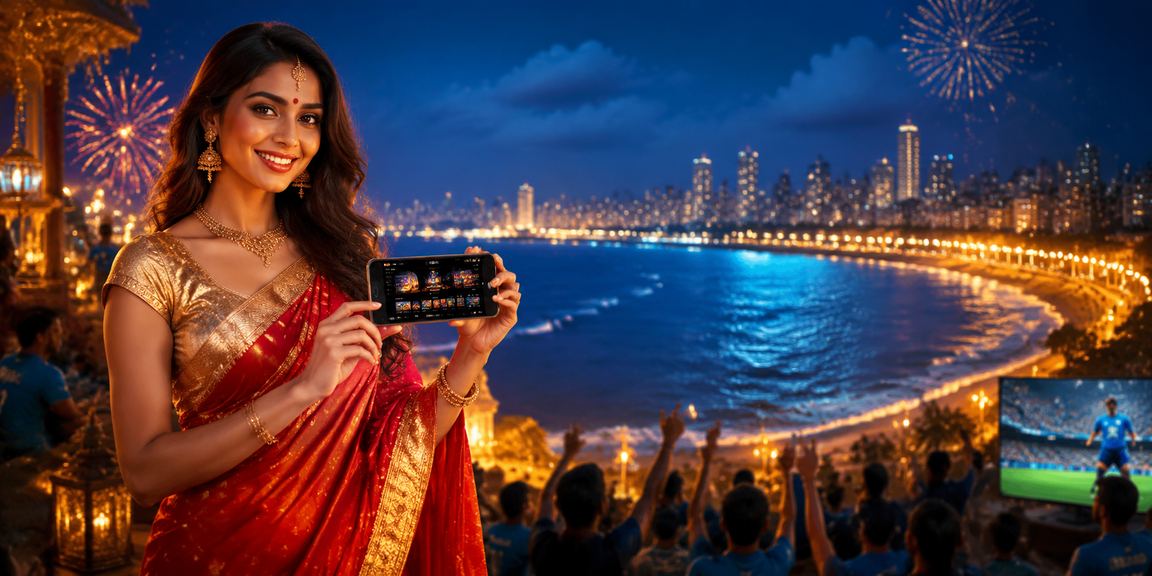 Indian woman playing mobile casino at sunset in Mumbai